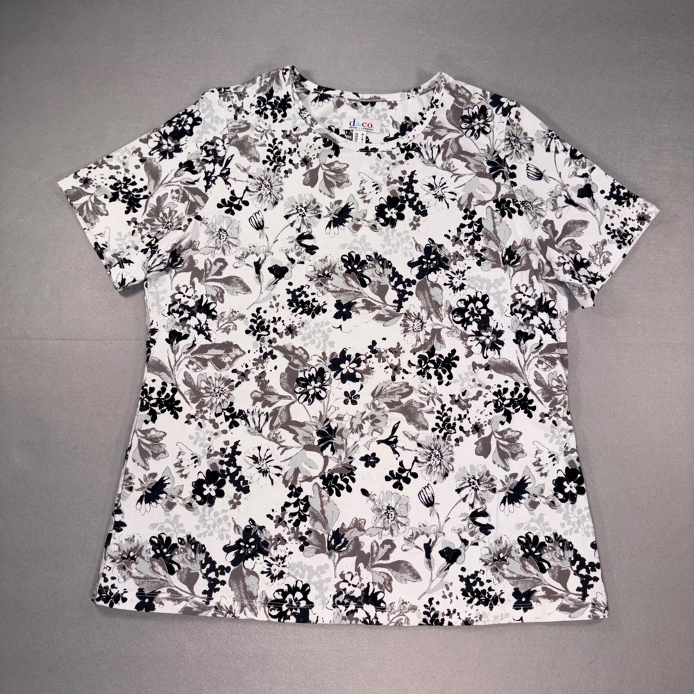 Denim & Co. Womens Black White Floral Short Sleeve Crew Neck Top Size M